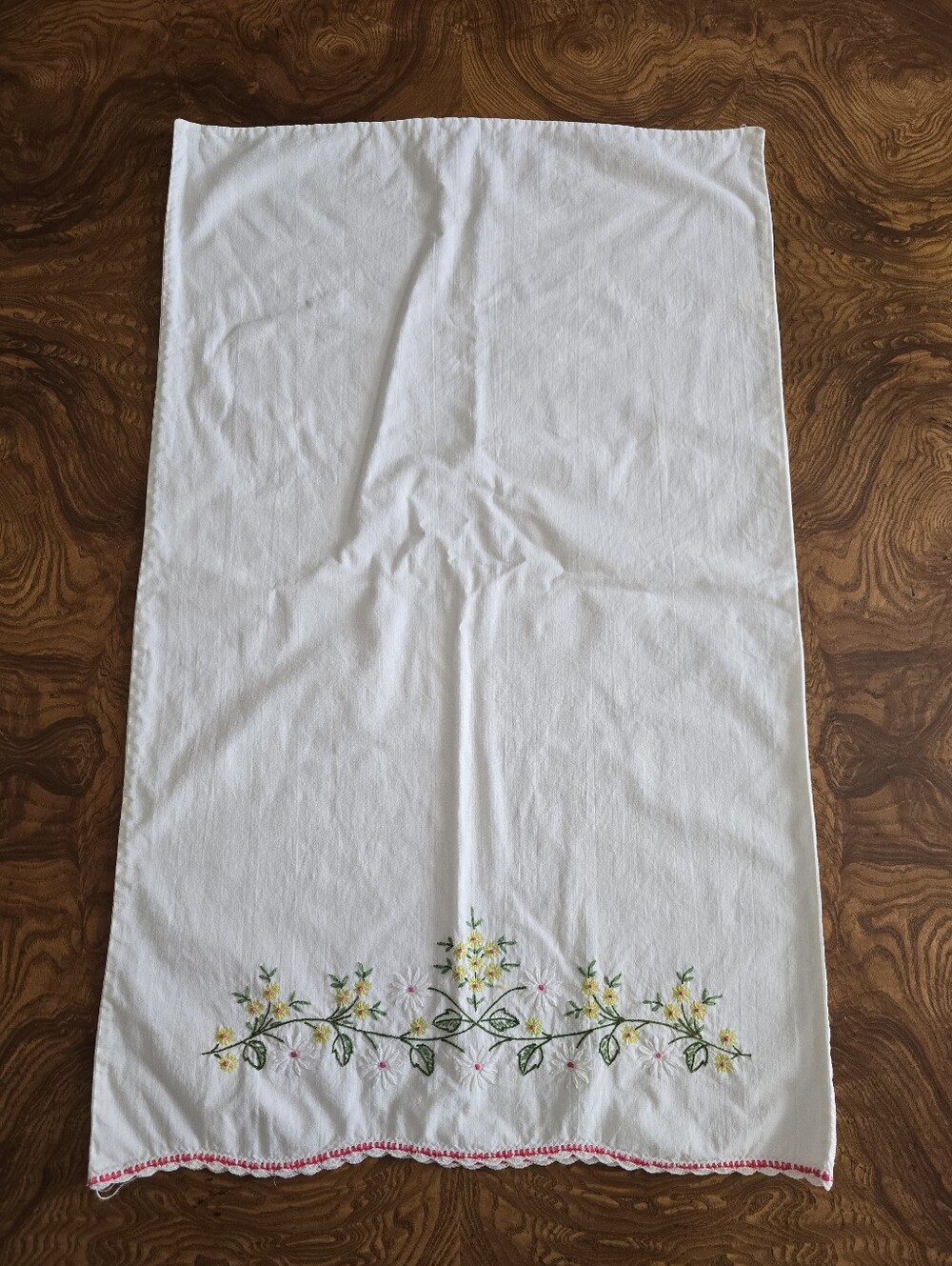 Vintage Hand Embroidered Pillowcase with Floral Design, Standard, Cottagecore